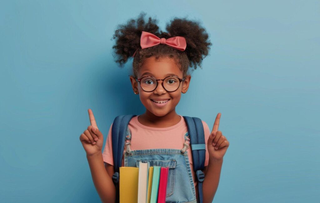 Happy Young Girl With Backpack Pointing Up Against A Blue Background Stock Free