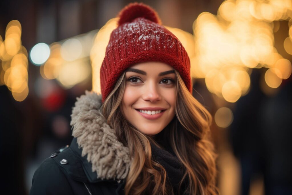 Happy Young Woman Smiling and Enjoying Christmas Market Stock Free