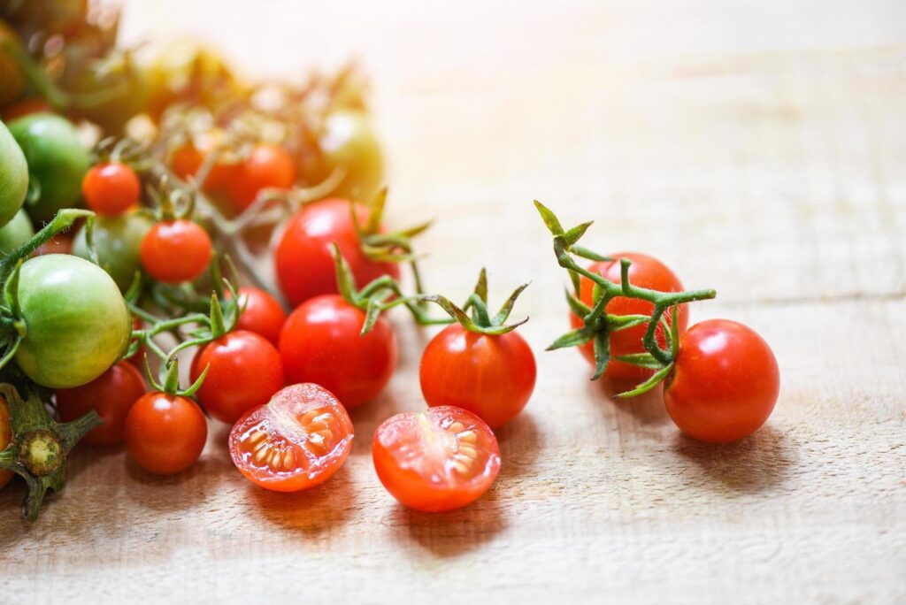 Harvesting fresh tomato organic with green and ripe red tomatoes on wooden Stock Free