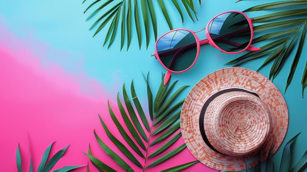 Hat, Sunglasses, and Palm Leaves on Blue and Pink Background Stock Free