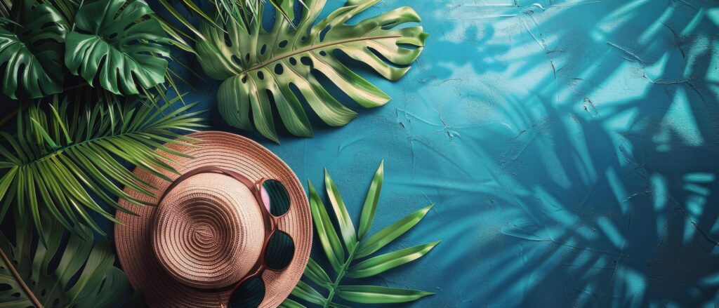 Hat, Sunglasses, and Palm Leaves on Blue Background Stock Free