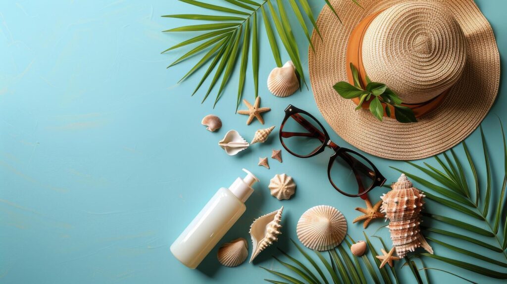 Hat, Sunglasses, and Sunscreen on Blue Background Stock Free