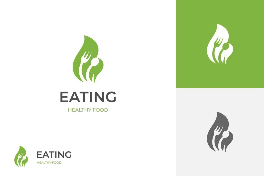 Healthy food logo template. Organic food icon design. Fork, spoon and leaves shape Stock Free