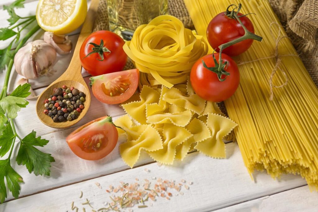 Healthy food tomatoes and spaghetti lines Stock Free