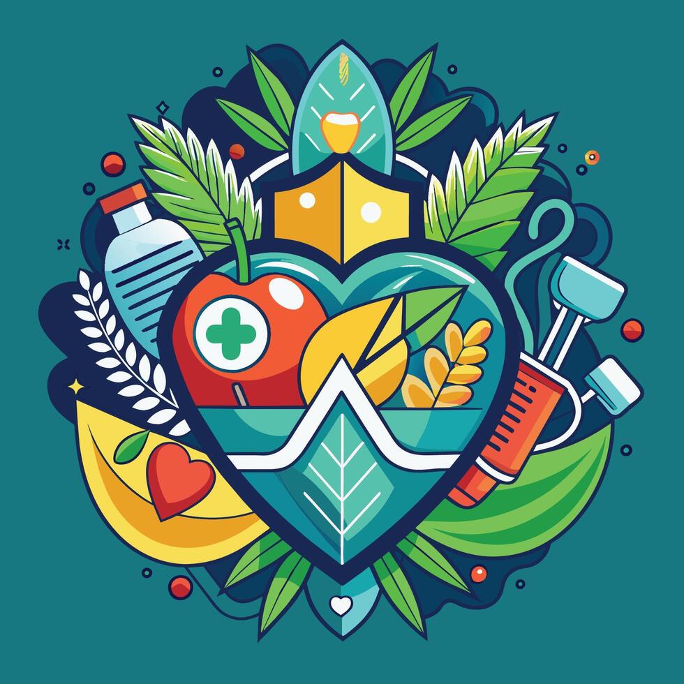 Healthy lifestyle concept with heart, health care icons. Vector illustration Stock Free