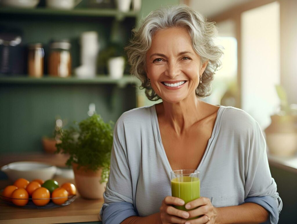 Healthy lifestyle senior woman smiling and drinking fresh organic guava juice in her modern kitchen,AI Generated Stock Free