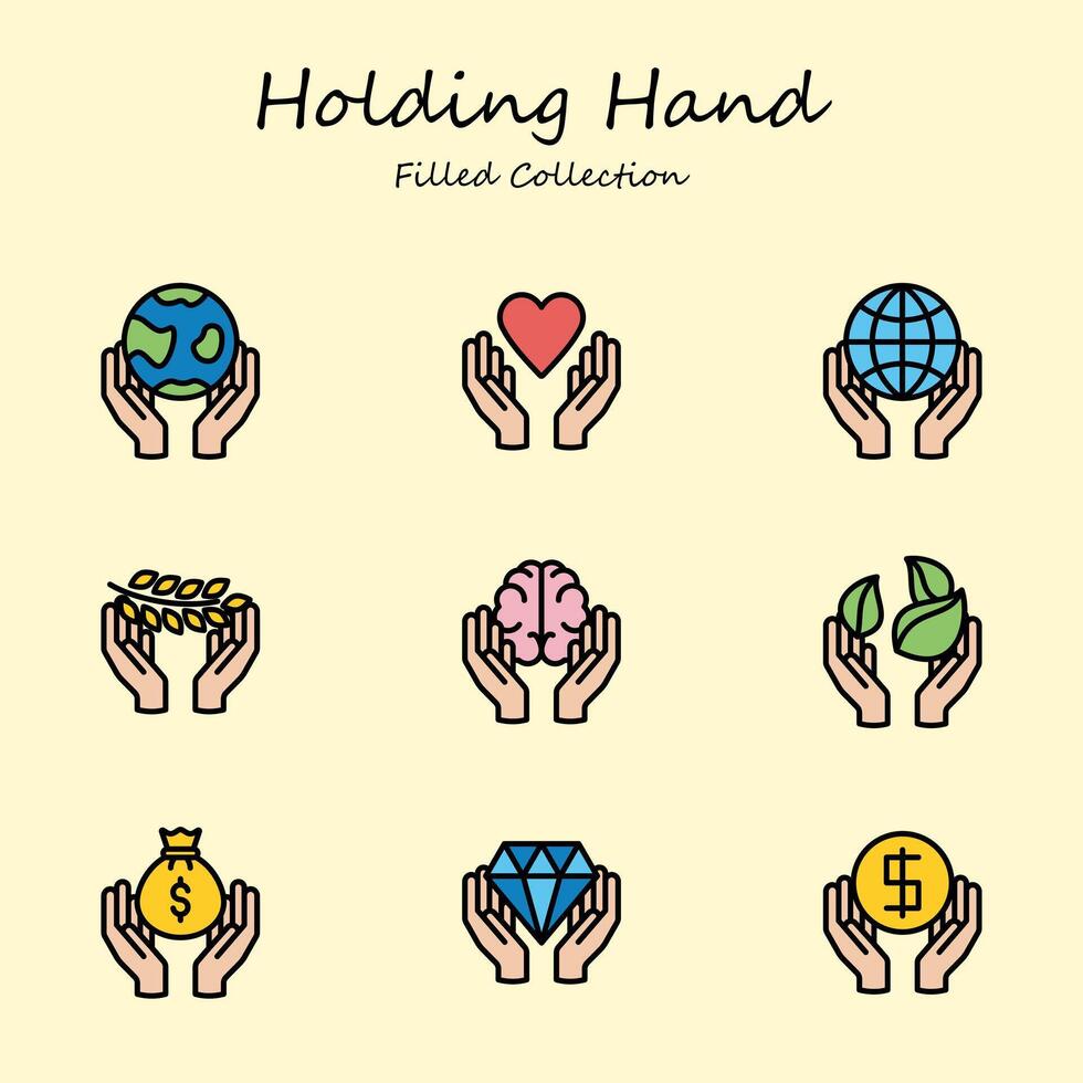 Holding Hand Editable Icons Set Filled Line Style. Hand, earth, conservation, love, money. Filled Collection Stock Free