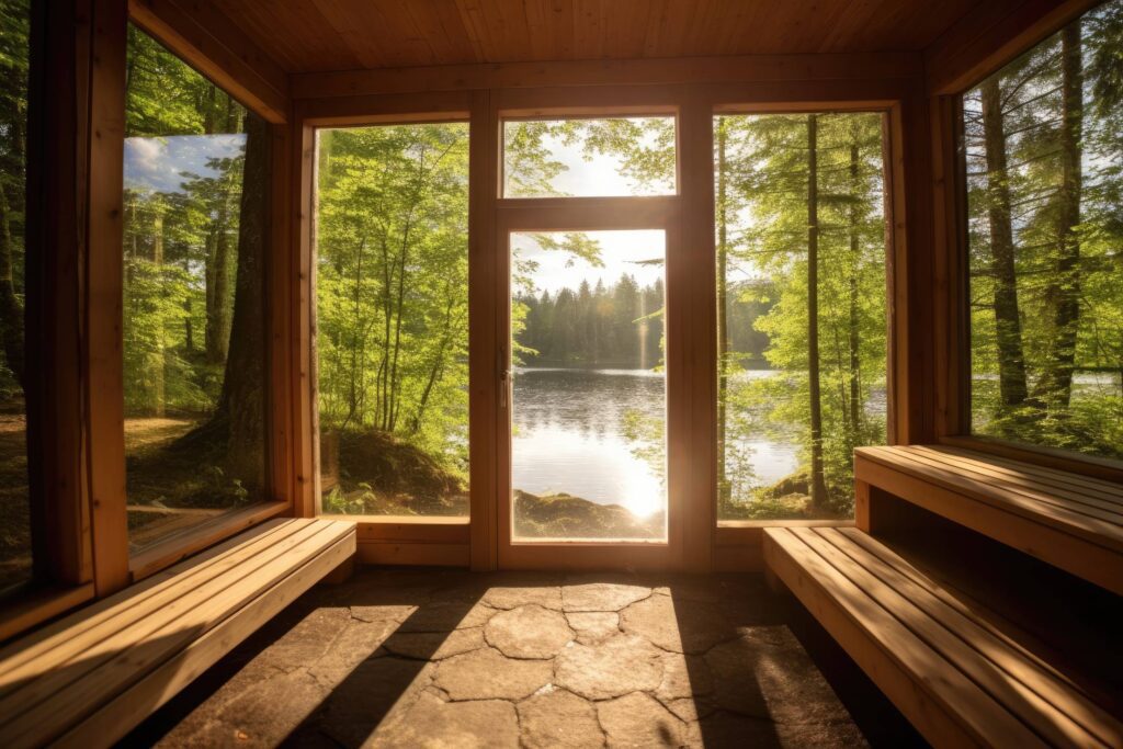 Home Sauna Interior with Windows into Summer Nature and Lake Stock Free