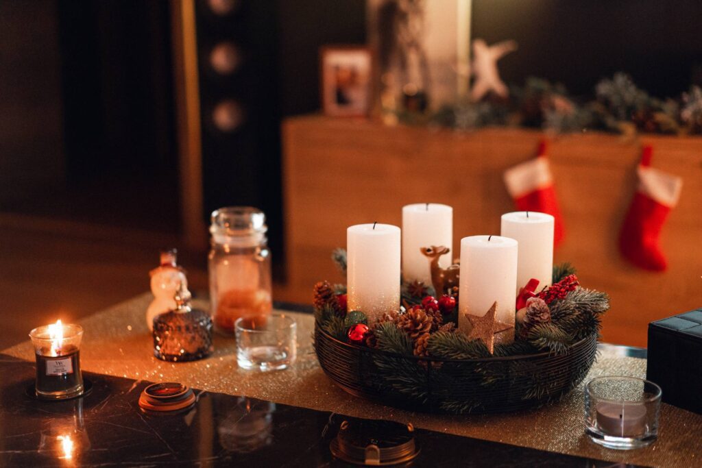 Homemade Modern Advent Wreath on The Coffee Table with Christmas Decoration Free Photo