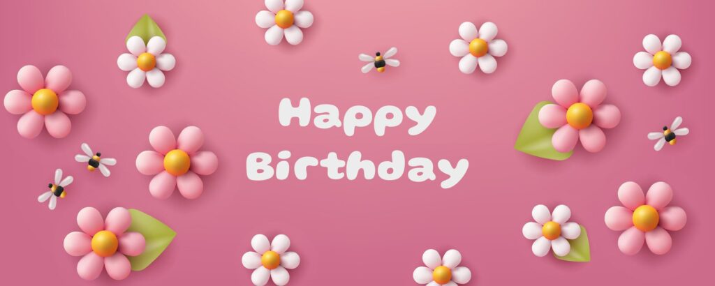 Horizontal banner in pink with a 3D illustration featuring flower balloons, bees and a cheerful birthday design. Realistic and cute invitation card. Not . Free Vector