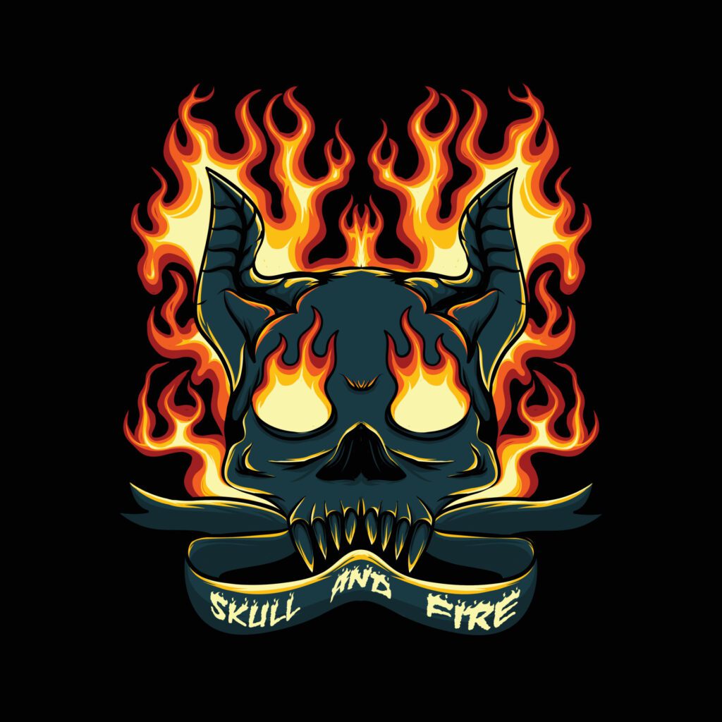 horned skull head with smoldering fire on black background Free Vector