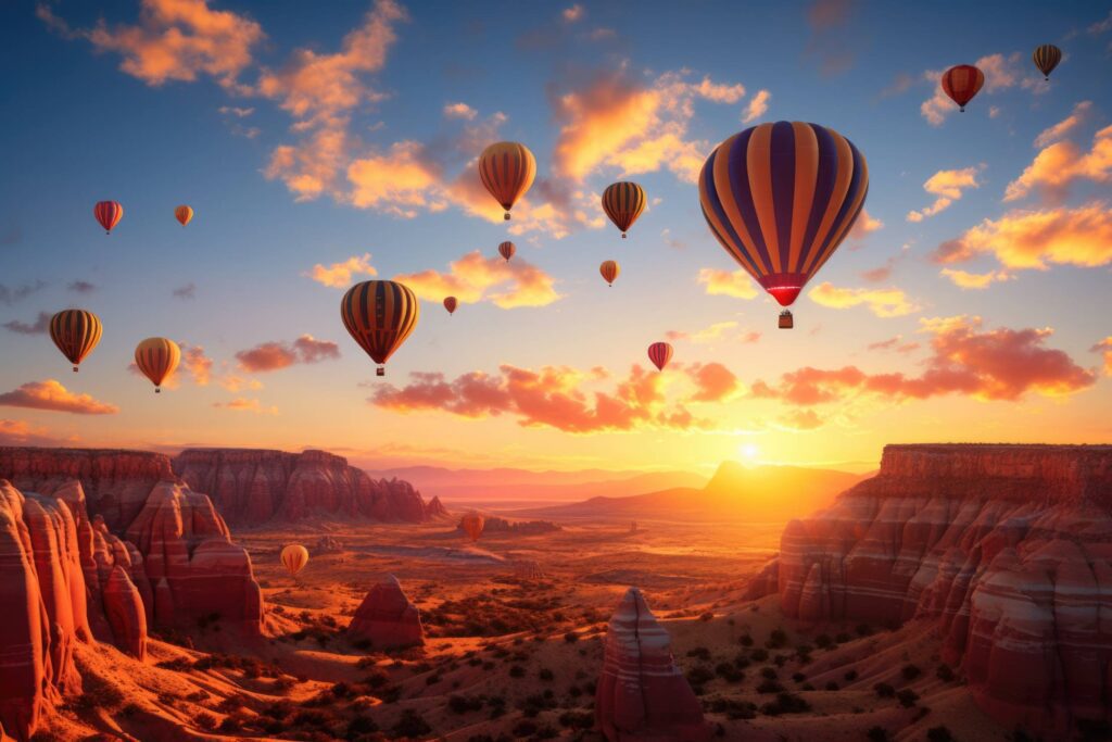 Hot Air Balloons Flying Over Canyon During the Golden Hour Stock Free