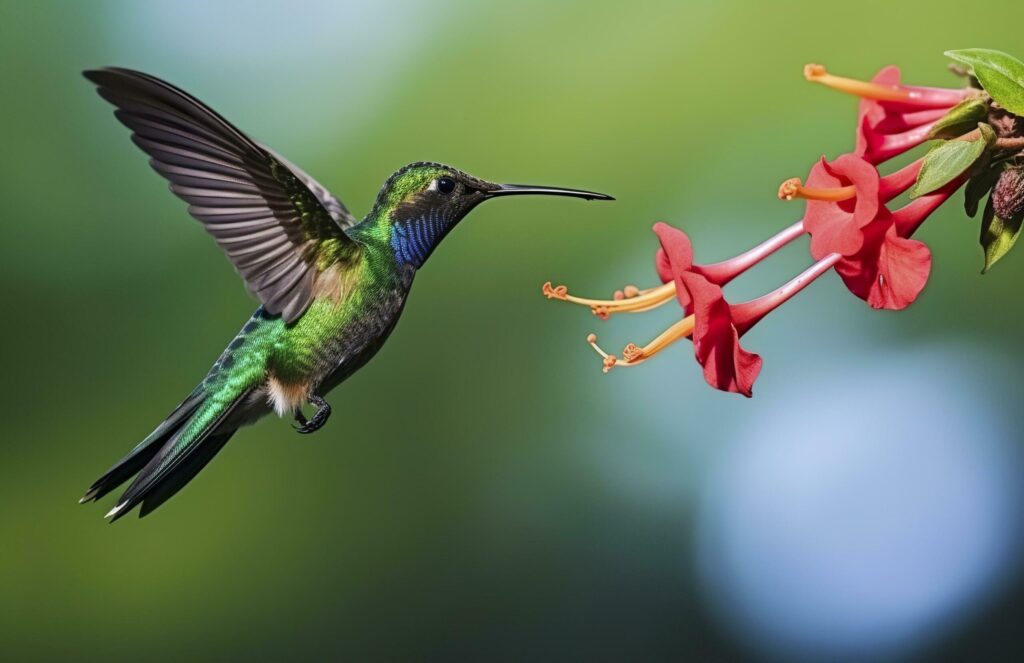 Hummingbird bird flying next to a beautiful red flower with rain. AI Generated Free Photo