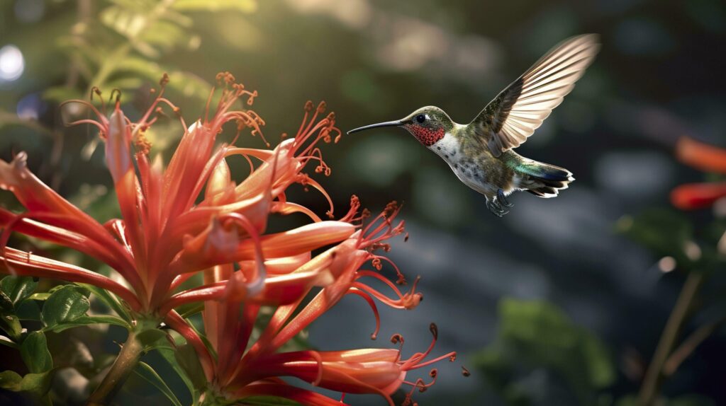 Hummingbird flying to pick up nectar from a beautiful flower. Digital artwork. AI Generative Free Photo