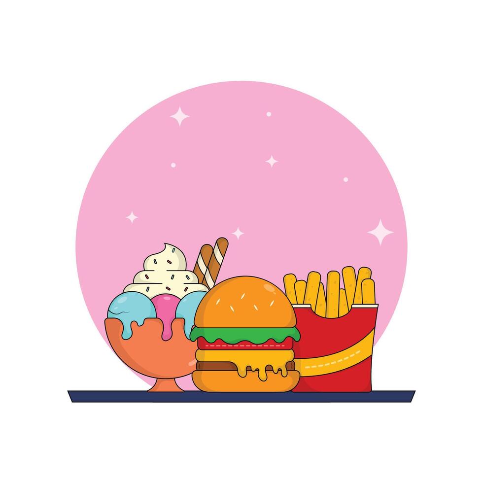 icon combo burger, ice cream, french fries illustration.fast food and drink concept suitable for landing page,sticker,banner,background,logo Stock Free