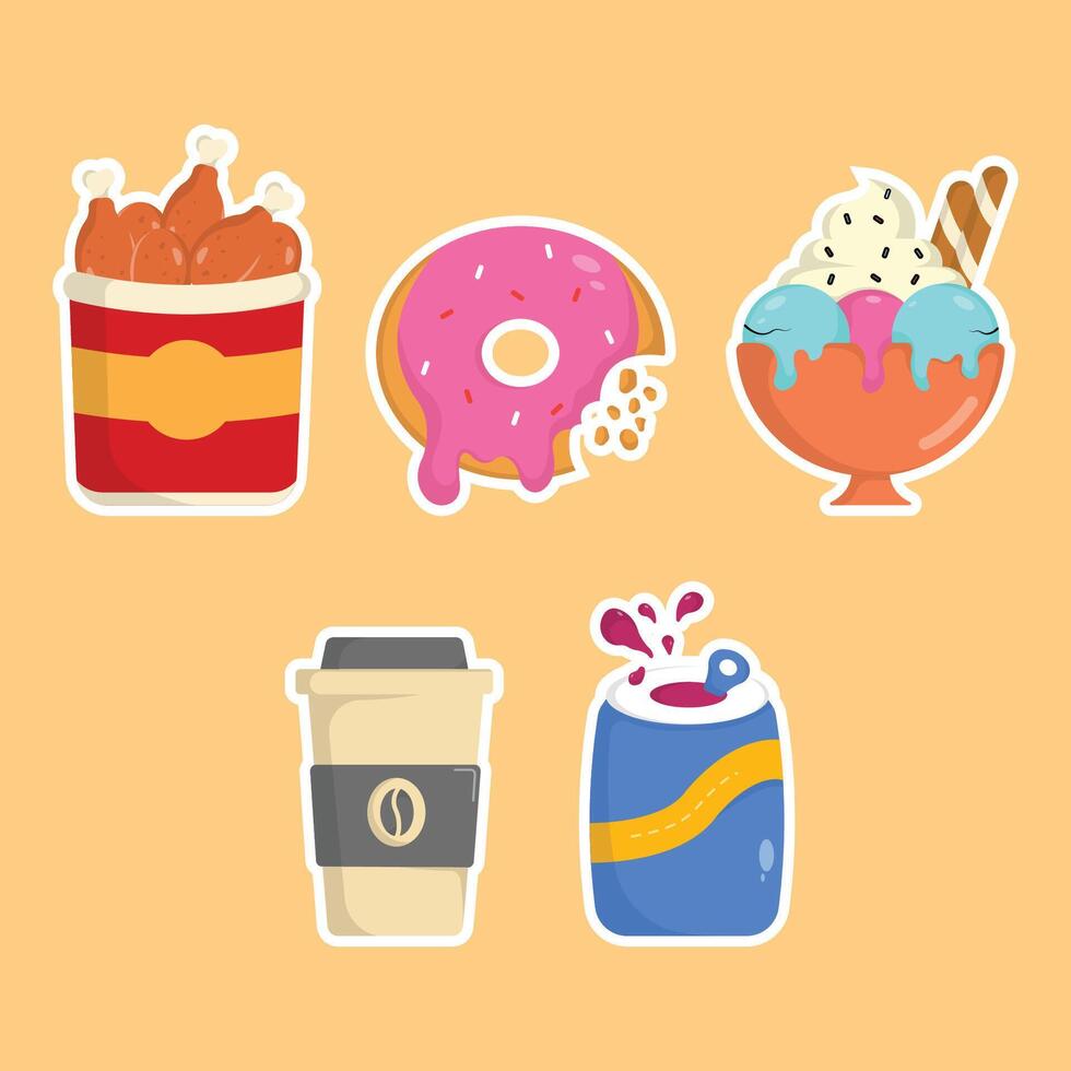 icon fried chicken, donut, ice cream, coffe, soft drink delicious fast food and drink illustration sticker concept.premium illustration Stock Free