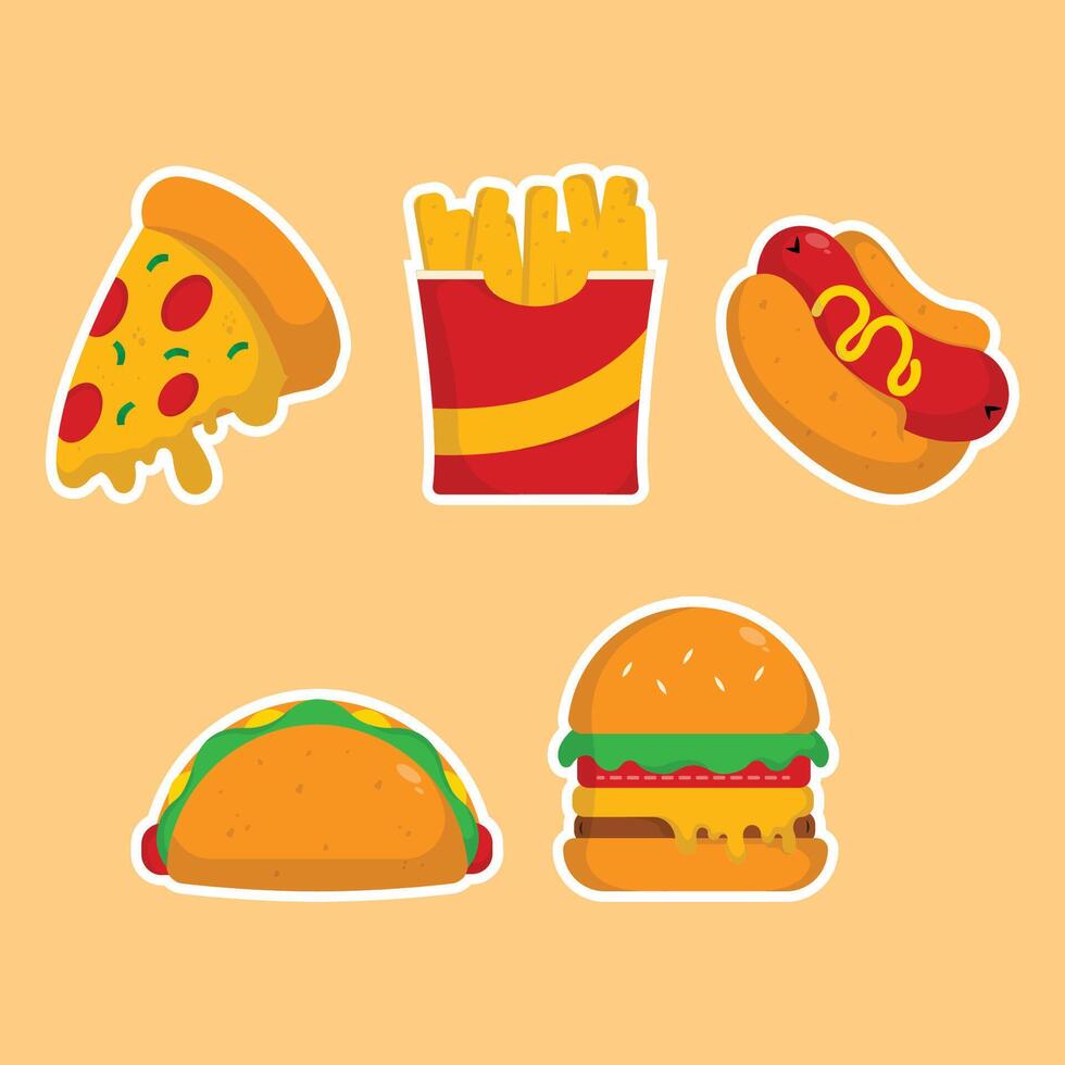 icon pizza, french fries, hot dog, taco, burger delicious fast food and drink illustration sticker concept.premium illustration Stock Free