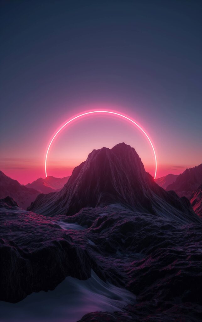 Illuminated Neon Circle Behind the Mountain Stock Free