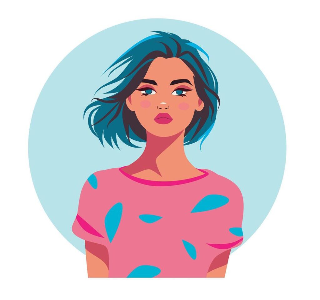 illustration avatar icon for social networks, women’s day, feminism day, beautiful bright girl with blue hair, strong women, protection and freedom of women’s rights Stock Free