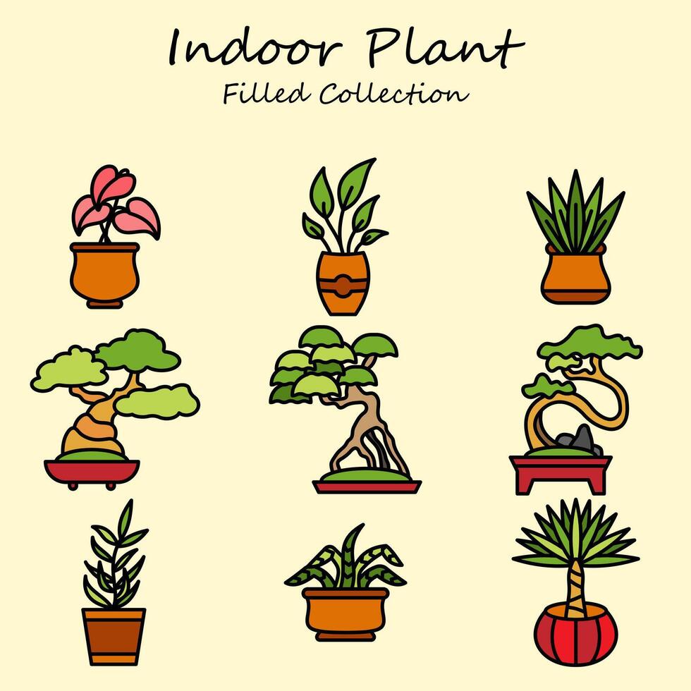 Indoor Plant Editable Icons Set Filled Line Style. Plant, Bonsai, Flower, Leaf, Indoor, Home. Filled Collection Stock Free