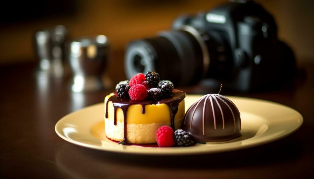 Indulgent chocolate dessert on wooden table photographed beautifully generated by AI Stock Free