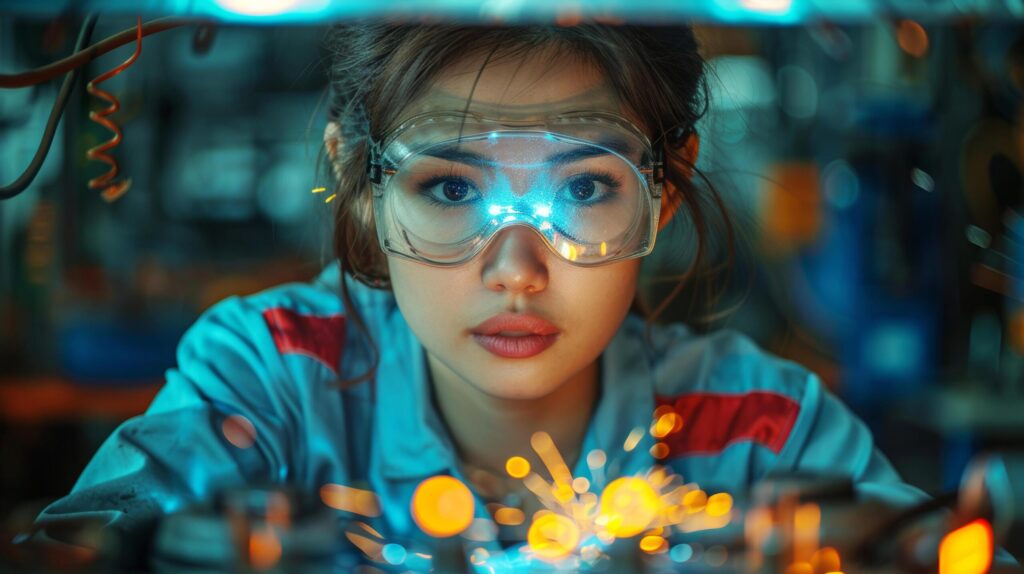 Industrial engineer Asian woman in uniform works as a welder in workshop operating welding machine in factory. AI-generated Free Photo