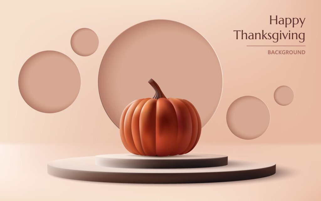 Interior modern and minimalist design with pastel colors, Happy Thanksgiving banner and realistic pumpkin on podium. Pedestal in cylinder shape Not . Free Vector