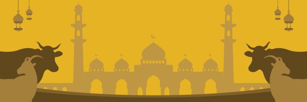 Islamic gold background for Eid al-Adha, with mosque, cow and goat silhouette icons. Banner template with empty space for text. Design for day of sacrifice Stock Free