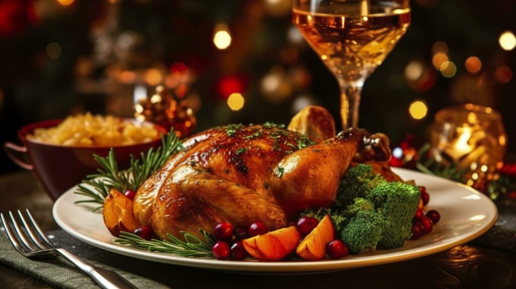 Juicy and tasty roast turkey on a plate with Christmas decorations. Roasted chicken with vegetables, Roast chicken party, all kinds of food, beer. AI Generative Stock Free