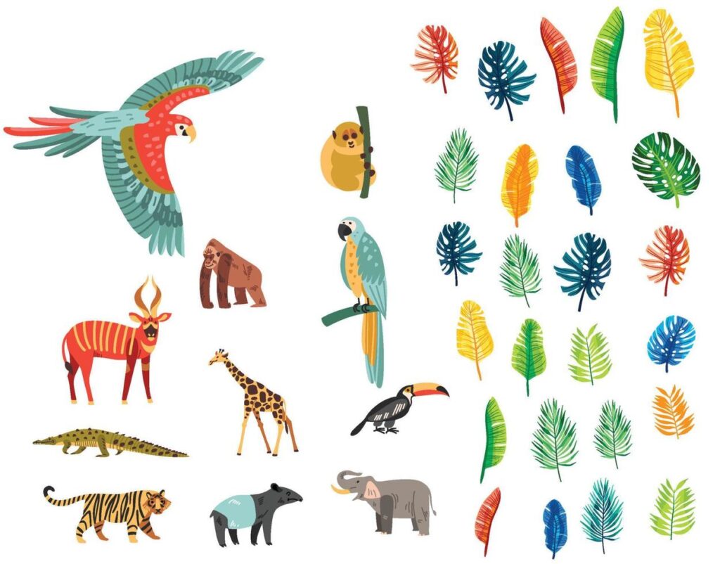 jungle set isolated icons with exotic birds wild animals with tropical plants trees Stock Free