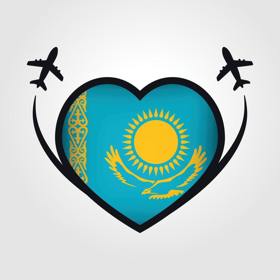 Kazakhstan Travel Heart Flag With Airplane Icons Stock Free