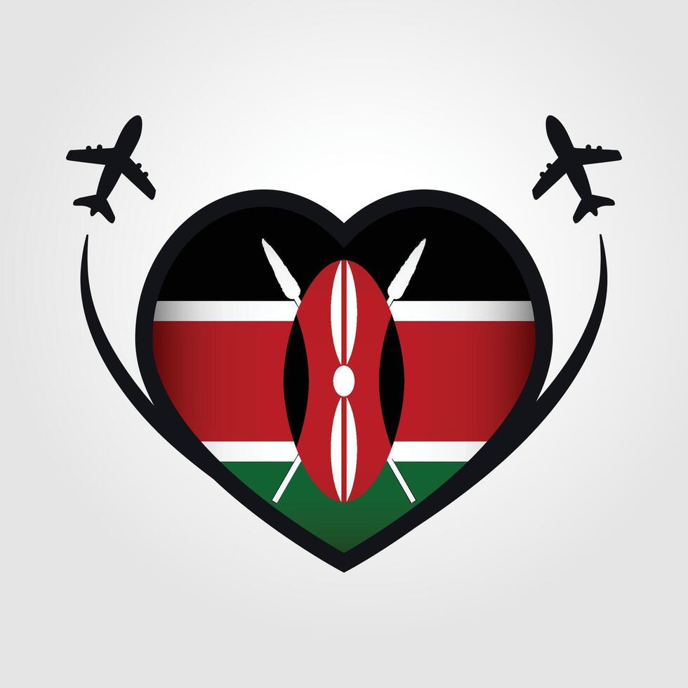 Kenya Travel Heart Flag With Airplane Icons Stock Free