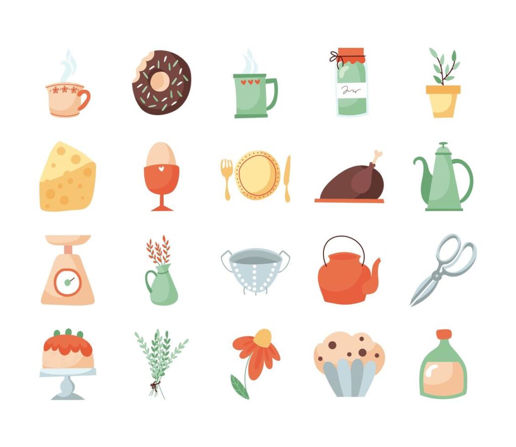 Kitchen and food flat icon set Stock Free