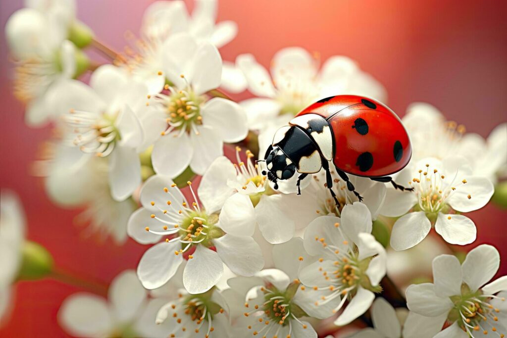 Ladybug on a branch of cherry blossoms in the spring. A beautiful ladybug sitting on a white flower, AI Generated Stock Free