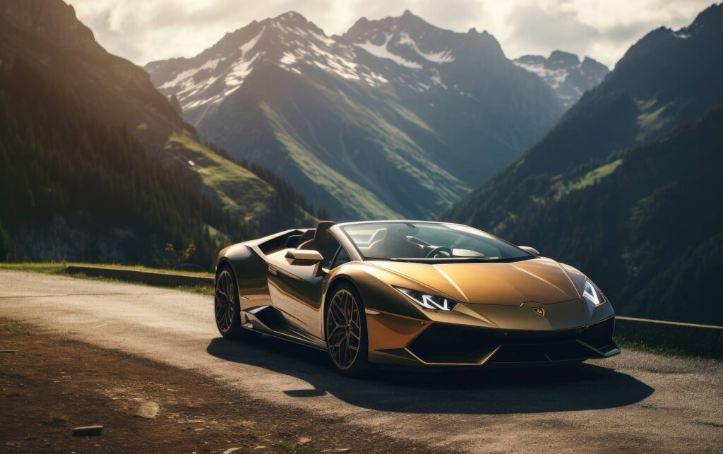 Lamborghini Huracán Convertible on Mountain Road Stock Free