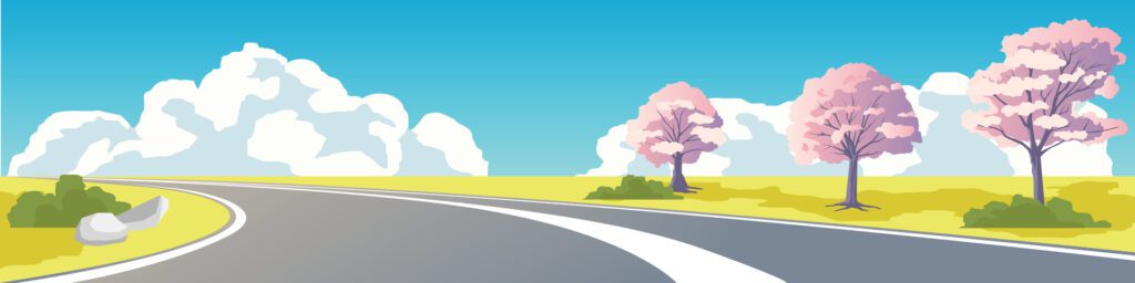 Landscape view of empty asphalt road. Wide open field dotted with pink leaved trees. Background of white clouds and blue sky. Free Vector