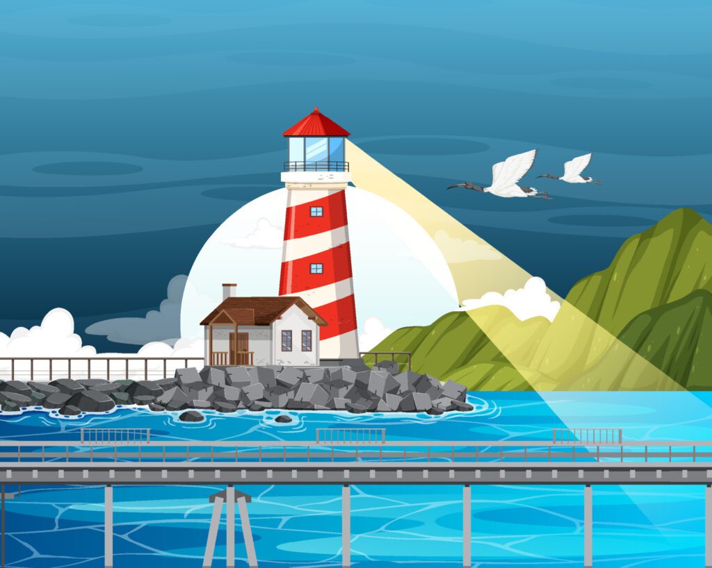 Lighthouse on the coast scene Free Vector