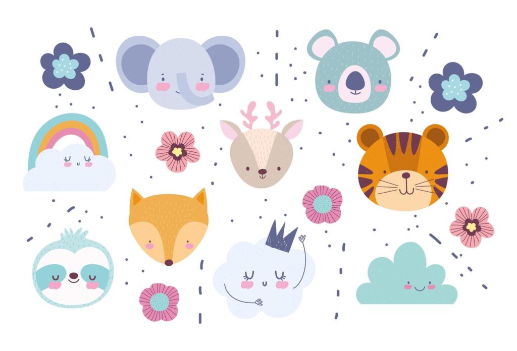 Little animal faces icon set with background Stock Free