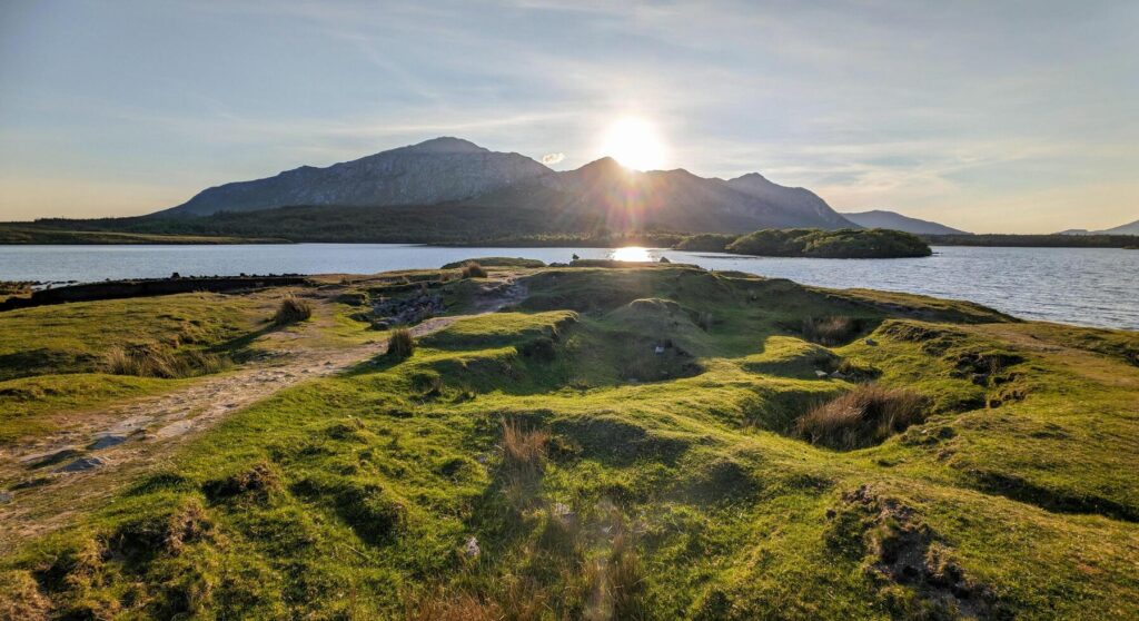 Lough Inagh, Connemara national park, county Galway, Ireland, lakeside landscape scenery with mountains in background, scenic nature wallpaper Stock Free