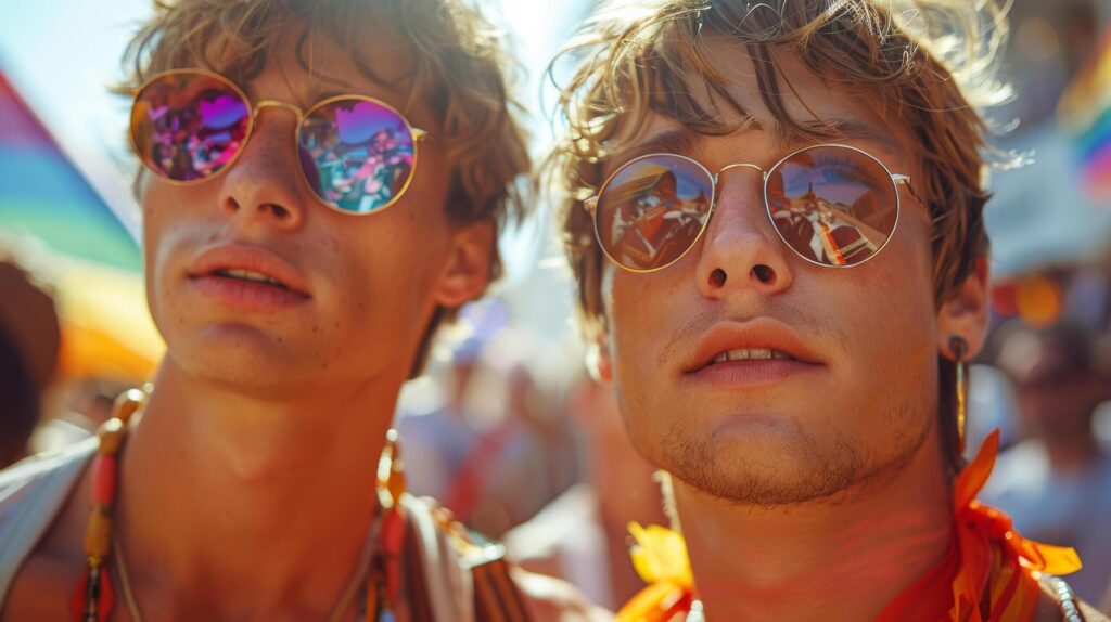 Lovely laughing Caucasian male gay couple having fun at the LGBTQ together and rainbow colorful flags in celebrate pride mouth parade. AI-Generated Free Photo