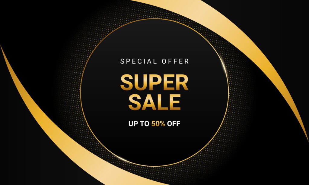 Luxury sale banner background with gold and black curve shape. Free Vector