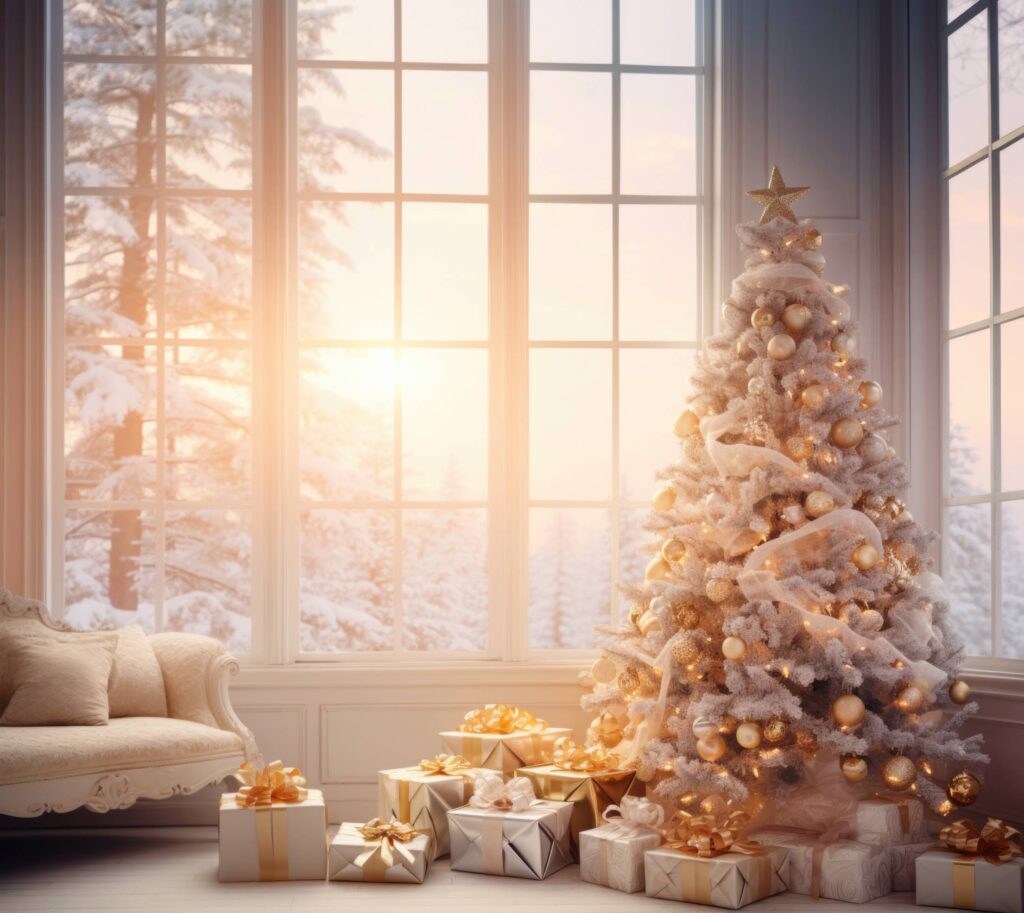 Magical Bright Christmas Living Room with White Christmas Tree Stock Free