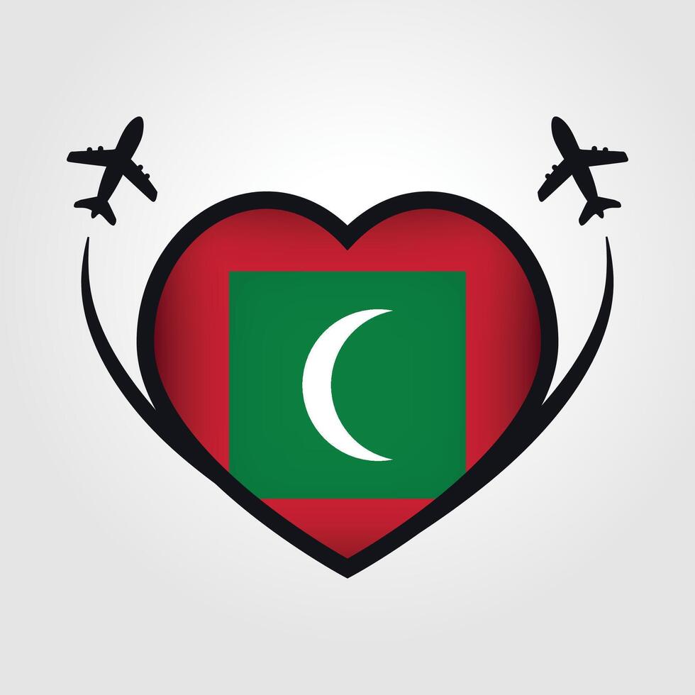 Maldives Travel Heart Flag With Airplane Icons Stock Free