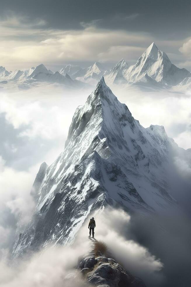 Man on top of mountain, walking through clouds, AI Generative Stock Free