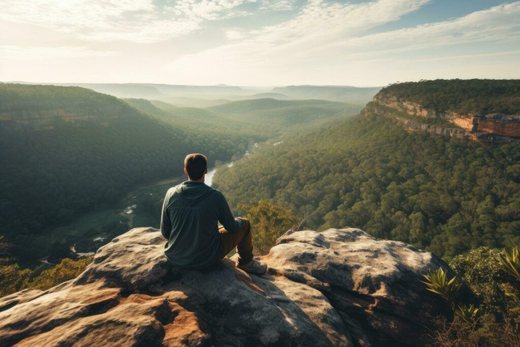 Man sitting on the edge of cliff and looking at the valley, Man sitting on cliff edge alone enjoying aerial view backpacking lifestyle travel adventure outdoor, AI Generated Stock Free