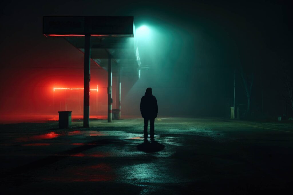 Man Standing in Dark Unknown Place at Night Red and Green Lights Stock Free