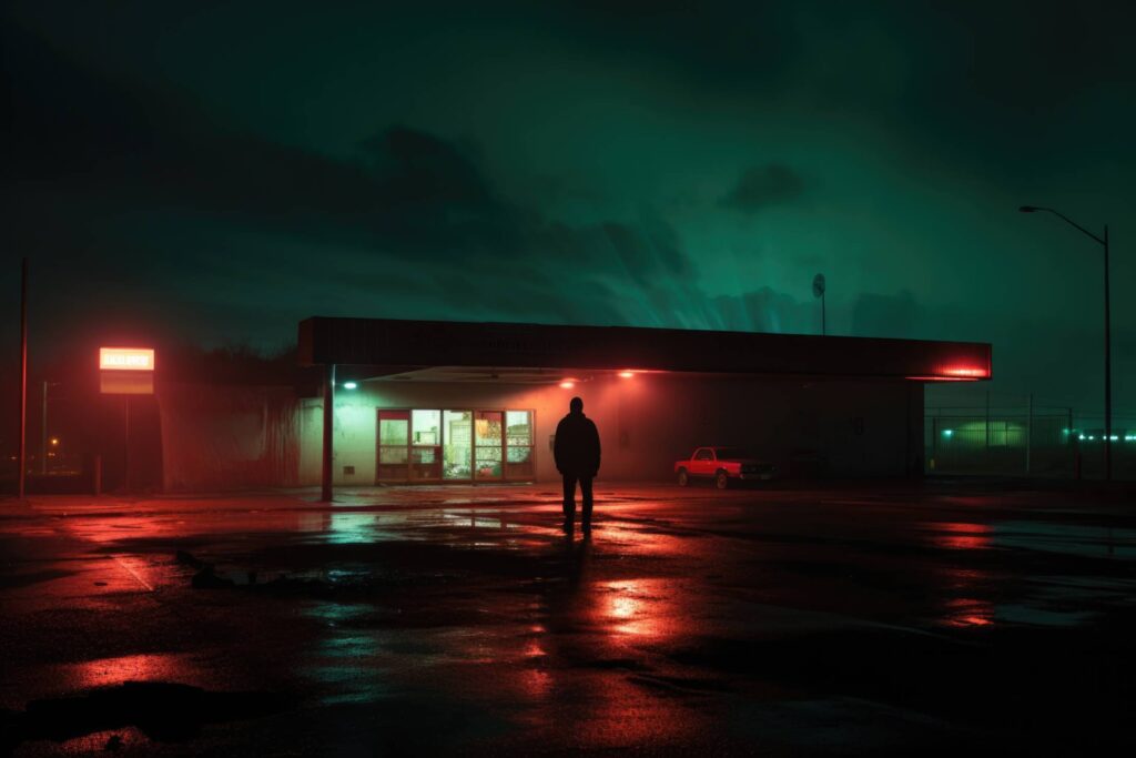 Man Standing in Front of Shop at Night Stock Free