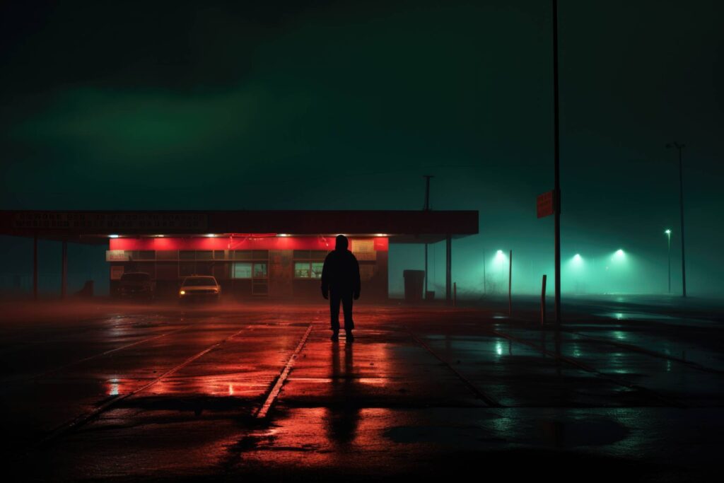 Man Standing in front of the Shop in the Middle of Nowhere at Midnight Stock Free