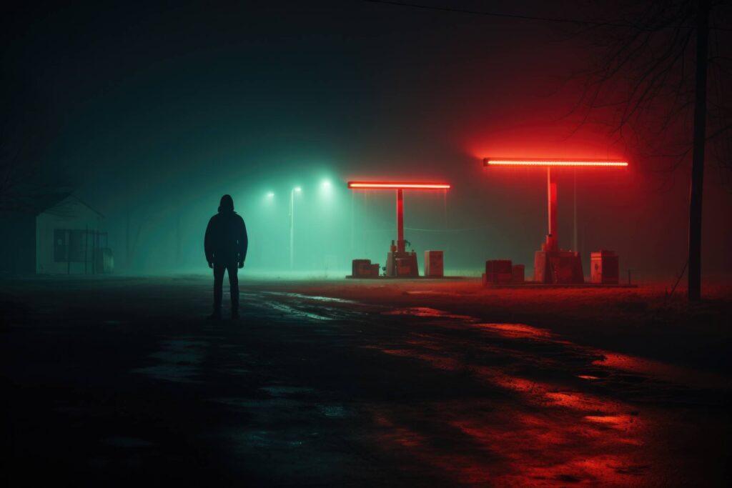 Man Standing in the Middle of Nowhere Neon Gas Station at Night Stock Free