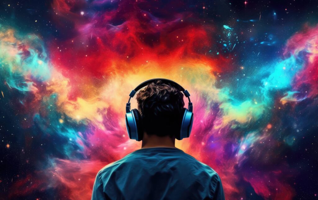 Man with Headphones Traveling in Colorful Universe Stock Free